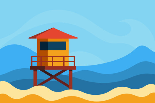 Cartoon lifeguard tower by the waves vector illustration