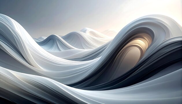 Flowing waves of white and gray, reminiscent of snow dunes or stylized, abstract forms of water in a soft light