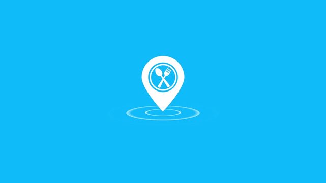 Food location pin Icon restaurant dining area map marker animation on blue screen