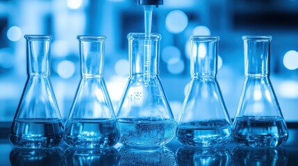 Clear glass flasks holding liquid in a laboratory setting