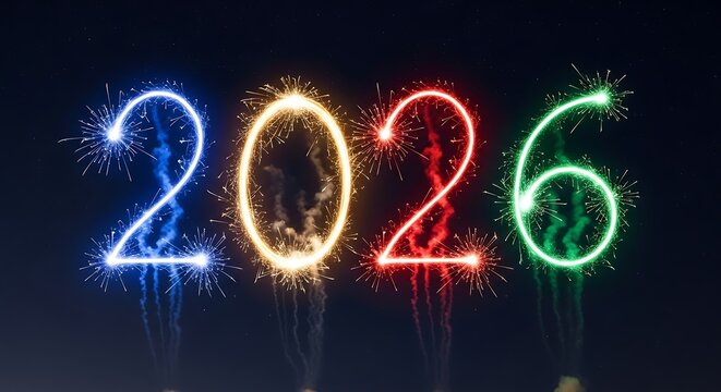 The year 2026 written in colorful glowing sparklers and fireworks isolated on white background