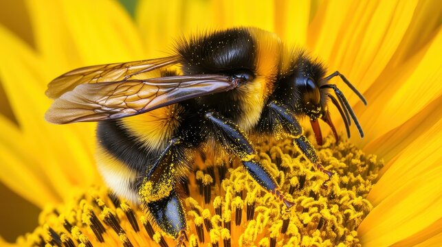 Bumblebee collecting pollen on bright yellow flower