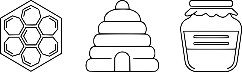 Fototapeta premium Minimalist bee icons: honeycomb, hive, and honey jar line art set