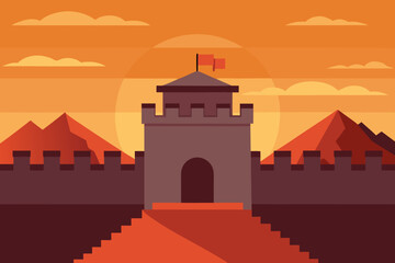 Fototapeta premium Cartoon fortress walls at sunset vector illustration