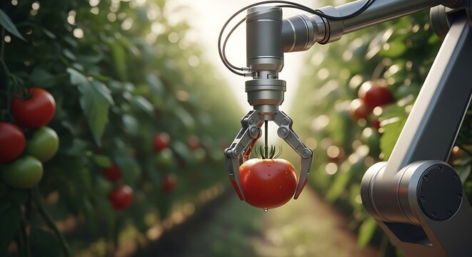 Automated harvesting robot arm picks ripe red tomato in a modern greenhouse agricultural technology concept