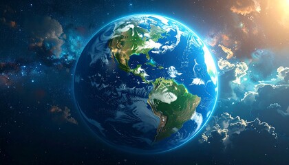 Digital image of Earth from space, showing North & South America with clouds, sun, and a blue cosmic background