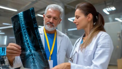 Medical Professionals Analyzing X-ray: Focused doctors are seen diligently examining an X-ray, their faces reflecting deep concentration as they analyze the image - Powered by Adobe