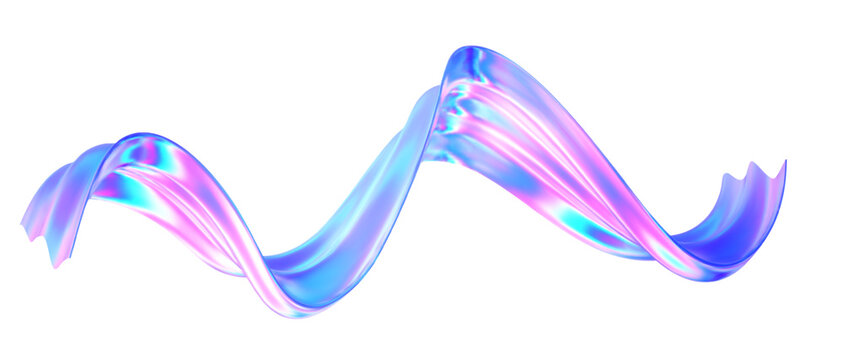 3d glass abstract wave flying. Gradient background liquid ribbon form. Hologram y2k spiral shape iridescent texture. Holographic ribbon glass effect. Vector music poster, futuristic tech template