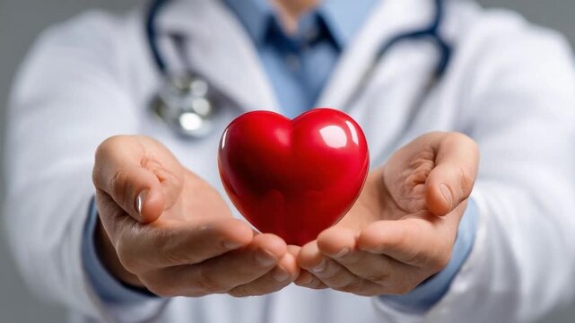 Caring Hands: A compassionate doctor's hands cradling a bright, red heart symbolising health and vitality, offering a message of care and well-being.