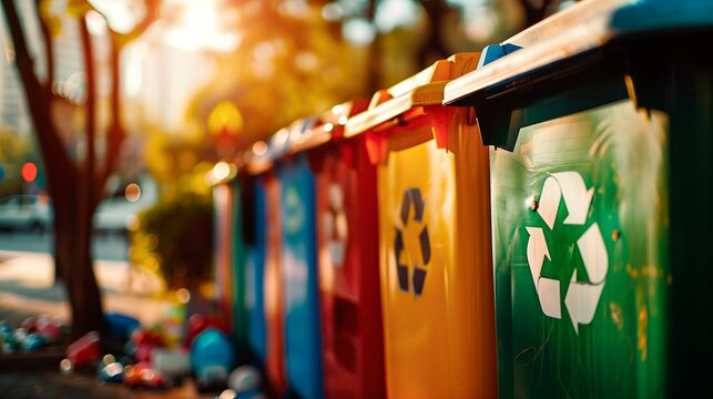 A row of bright recycling bins in different colors for separating waste. Eco-friendly waste management concept promoting recycling and sustainability.