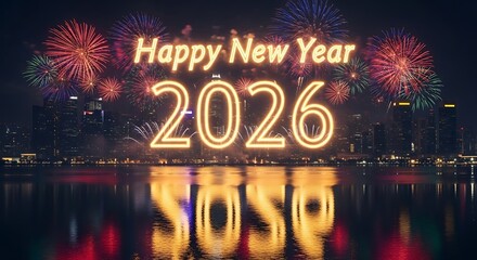 Bright neon happy new year 2026 text and fireworks display over city skyline reflection isolated on white background
