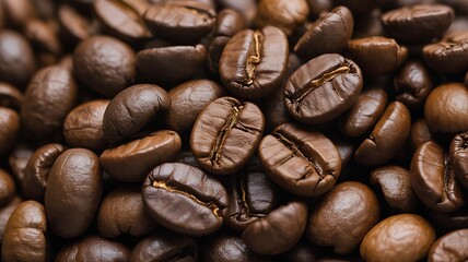 Naklejka premium Close up of roasted coffee beans shows rich texture and color