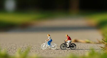 Miniature couple enjoys a joyful bicycle ride through a sun-dappled park, evoking feelings of freedom and outdoor adventure.