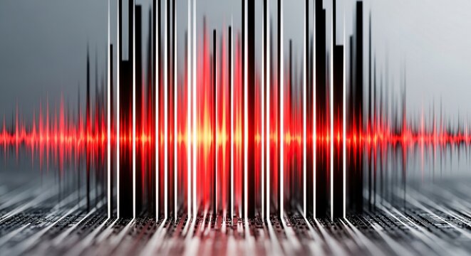 Dynamic red sound wave pulses with vibrant vertical bars, representing audio visualization and digital data flow in a modern, abstract setting.