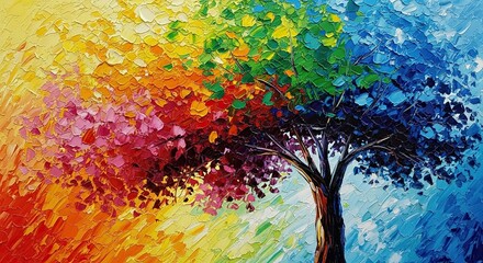 Vibrant textured oil painting of a solitary tree bursting with a spectrum of rainbow colors, evoking joy and growth in a dynamic, artistic style