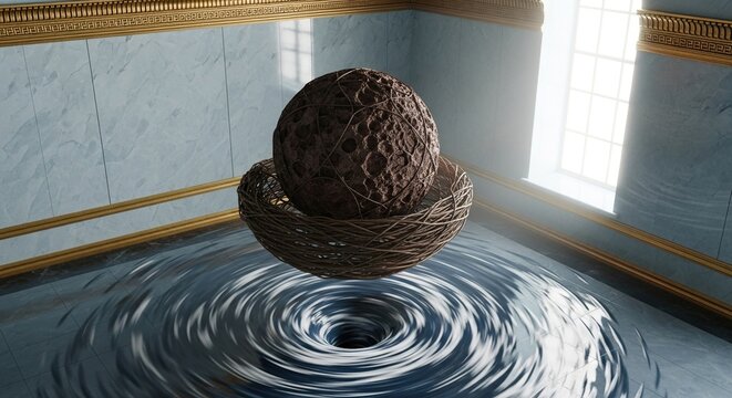 Mysterious textured orb cradled in a woven nest floats precariously above a swirling vortex of water within an opulent room