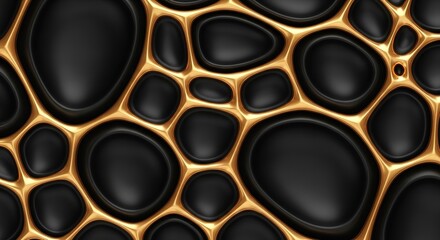 Luxurious abstract organic cellular structure with shimmering gold veins and deep black voids, offering sophisticated modern design and elegant texture.