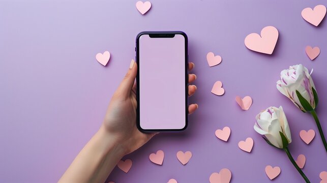 Female hand holding smartphone with blank screen on lavender background decorated with pink paper hearts and white flowers, symbolizing love and digital communication.