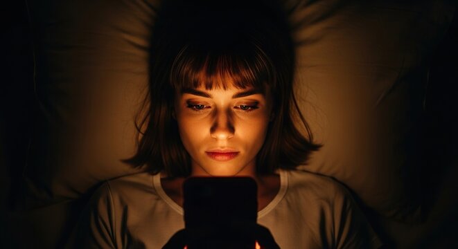 Young woman deeply absorbed in her smartphone screen at night, illuminated by its glow, conveying modern connection and late-night engagement.