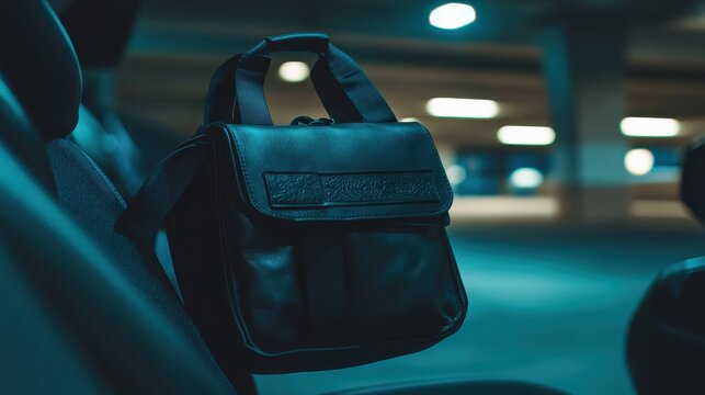 Close up of a black leather courier bag with embossed design