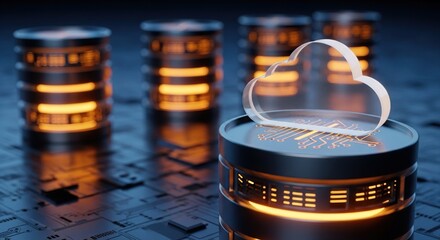 Dynamic cloud computing servers glowing with data transfer, representing modern digital infrastructure and advanced technology solutions