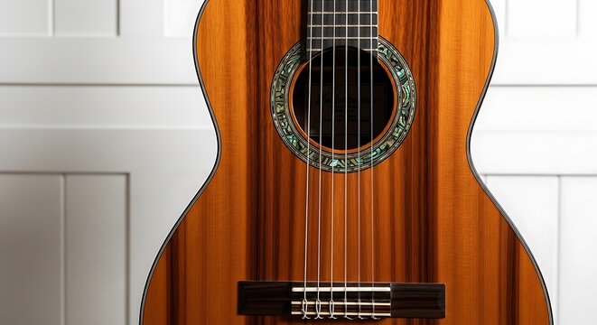 Close up of a classical guitar with intricate rosette and rich wood grain detail against a white paneled background