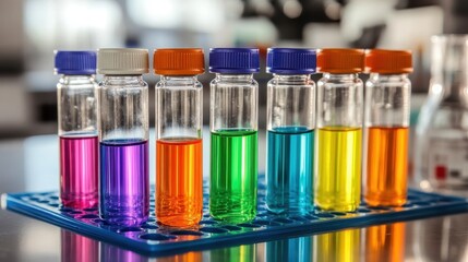 Colorful Liquid Samples Inside Glass Vials In Laboratory