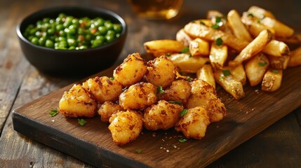 Crispy fried fish and chips with mushy peas on a wooden board