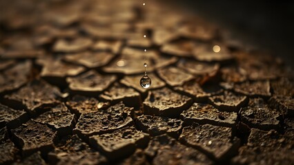 Single Drop of Water Falling on Cracked Earth – Symbol of Drought and Hope.