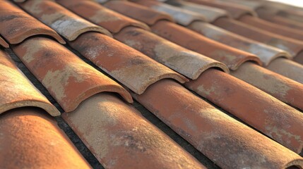 Close up of damaged and aged terracotta roof tiles