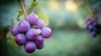 Close up of ripe purple grapes hanging on vine