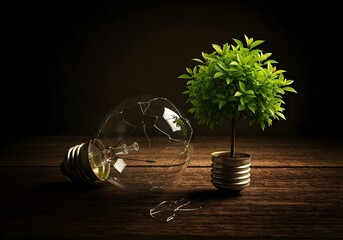 Broken Light Bulb with Tree Growing Inside – Symbol of Innovation and Environmental Sustainability.