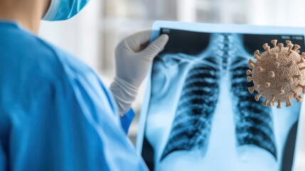 A healthcare professional examines an X-ray of lungs, highlighting concerns related to a virus, reflecting the intersection of medicine and infectious diseases.