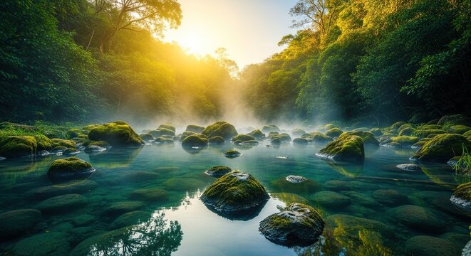 Serene forest river bathed in golden morning light with mist rising over mossy rocks, a breathtaking natural escape - Powered by Adobe