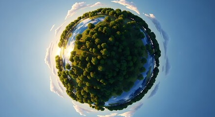 Vibrant Green Planet with Lush Trees and Blue Sky Capturing Environmental Serenity.