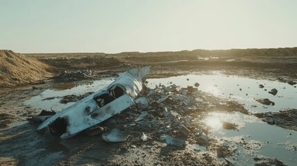 Debris from wrecked vehicle scattered in desolate landscape