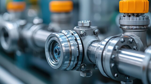 A close-up view of a metallic valve with orange knobs, showcasing intricate details of industrial piping and machinery.
