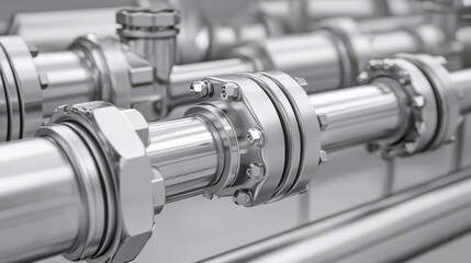 Fototapeta premium A close-up view of industrial stainless steel piping with fittings, showcasing a sleek and polished design used in various mechanical applications.