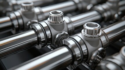 Naklejka premium A close-up of shiny metal pipes and fittings, showcasing intricate details and a modern industrial design.