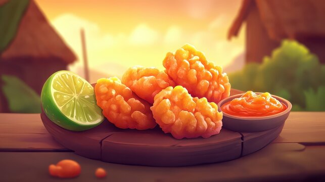 Delicious fish and chips with lime and sauce on a wooden plate - Powered by Adobe