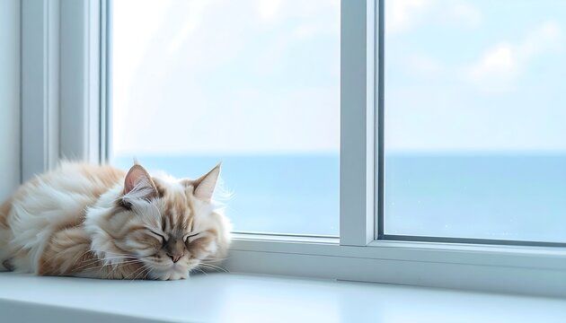 Fluffy cat napping on windowsill against bright blue ocean view - Powered by Adobe
