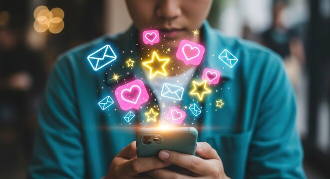 Engaged young person enthusiastically interacting with vibrant social media notifications on their smartphone in a modern, softly lit environment