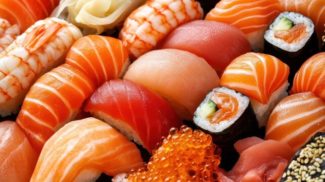 Close up view of various sushi and sashimi in detail