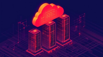 A vibrant, futuristic illustration of data servers under a cloud, representing cloud computing and digital infrastructure.