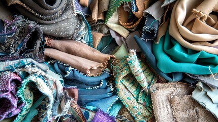 Close-up of assorted fabric scraps in various textures and colors, symbolizing textile recycling, sustainable fashion, and creative reuse of materials.