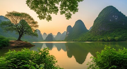 Serene emerald lake reflects lush green karst mountains under a soft golden sunset sky, a solitary tree stands proudly on a small island, evoking peace and natural wonder.