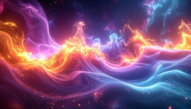 Ethereal waves of pink, blue, and orange lights swirling together like a cosmic aurora
