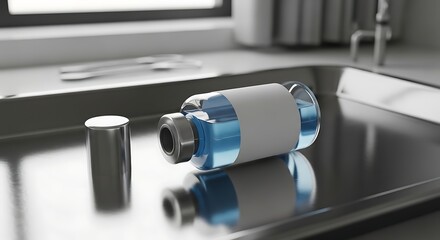 Medical Vial with Blue Liquid on Sterile Tray Modern Hospital Environment Research.