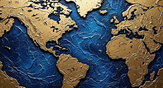 Stunning textured gold world map overlaying deep textured blue ocean creating a luxurious and sophisticated global connection