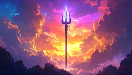 Digital painting of a trident against a colorful sunset sky with clouds and mountainous silhouettes